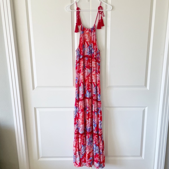 Red Carter Red Floral Tiered Halter Top Maxi Cover-Up Dress Size Large - Picture 2 of 15